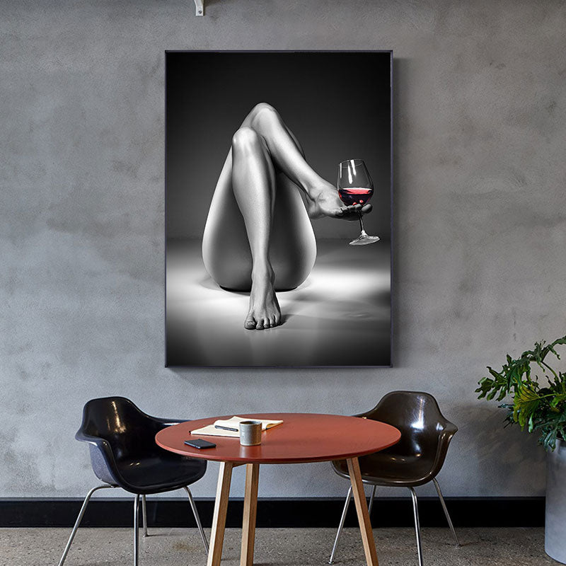 Femme Verre à Vin Toile Peinture Noir Blanc