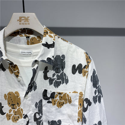 Short-sleeved Shirt Men's Linen Loose Lapel Bear Print Japanese Retro Men's Inch Shirt