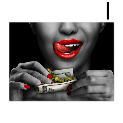 Wall Art Poster Red Lips Smoking Woman Clock Picture Canvas Painting