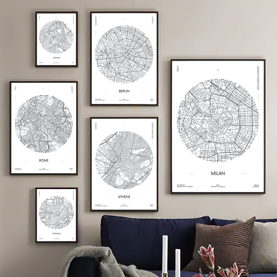 Milan Black And White City Map Rome Istanbul City Wall Art Canvas Painting Poster