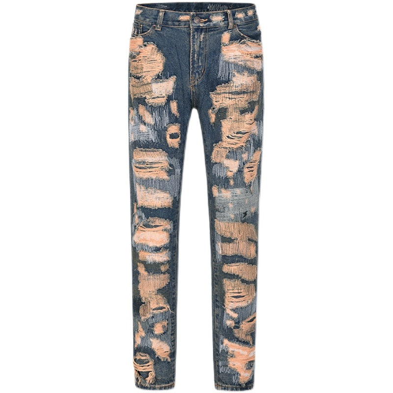 High Street Retro Washed Straight Hole Bladed Street Jeans personnalisés pour hommes