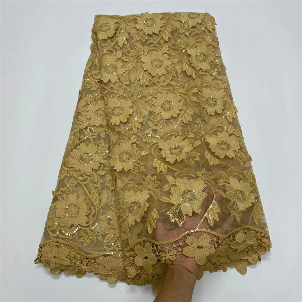 Water Soluble Lace With Sequins Embroidered Flower Texture Mesh Fabric