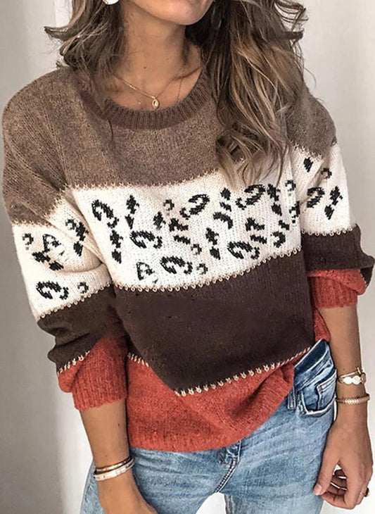 Leopard Print Stitching Fashion Knitted Sweater