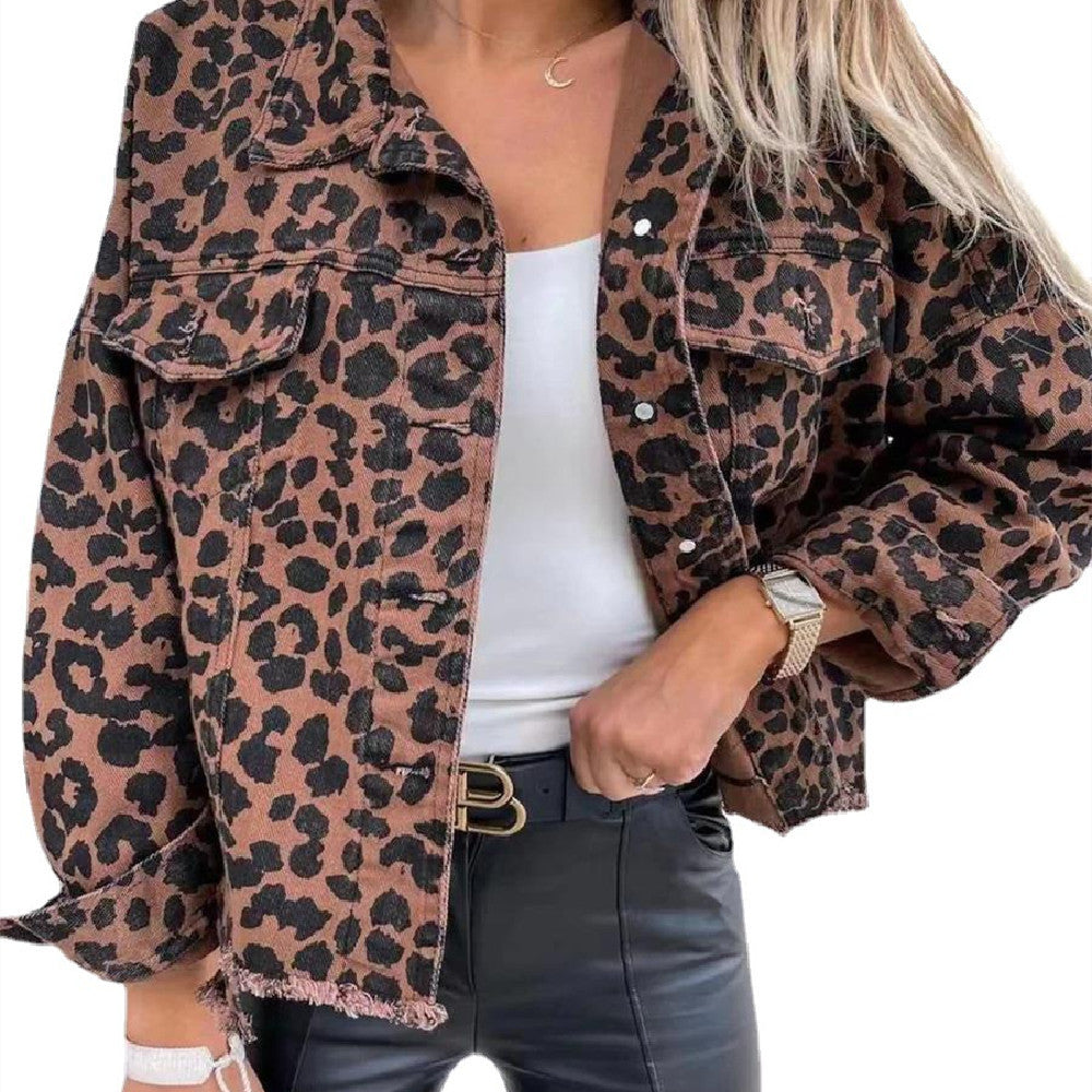 Chaqueta vaquera estampada con estampado de leopardo para mujer