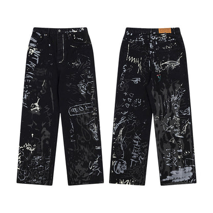 Street Cool Niche Design Printed Jeans Men's Fashion Brand Loose Casual Wide Leg Straight