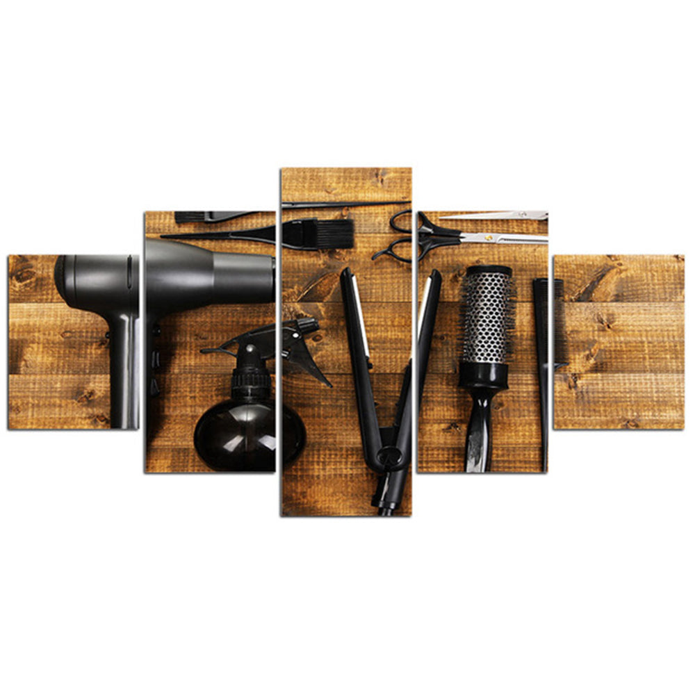 Outils de coiffure, assortiment de peinture sur toile, affiche de décoration murale