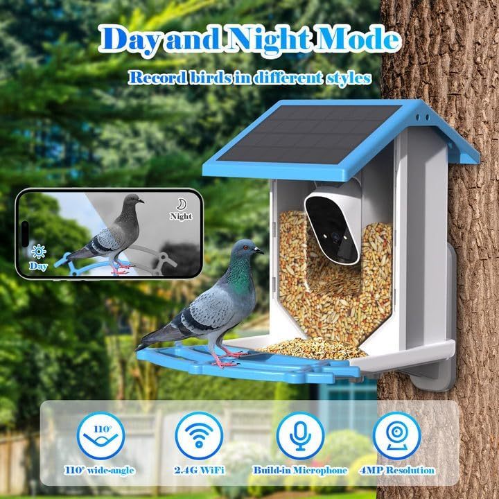 Comedero Inteligente Para Pájaros Con Cámara,Cámara En Vivo WiFi De 4MP Con Energía Solar,Identificación De Especies De Aves Por IA Captura Automática Observación De Aves En El Jardín Y Detección De Movimiento,Regalo Ideal Para Amantes De Las Aves,Azul