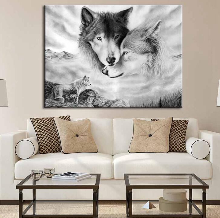 Póster moderno con estampado de lobo blanco y negro, pintura en lienzo