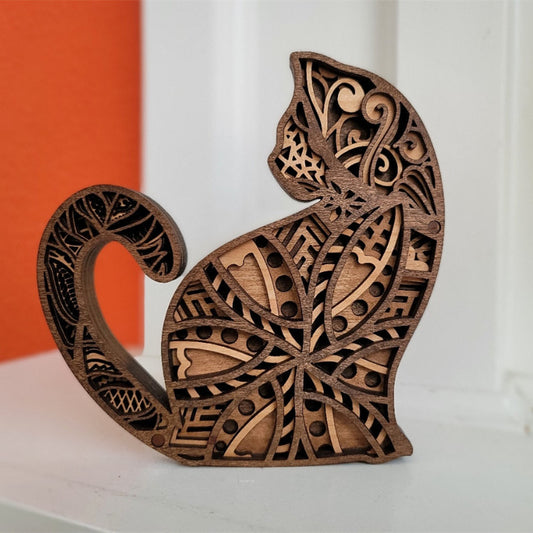 Figura de gato de madera Escultura de gato hecha a mano