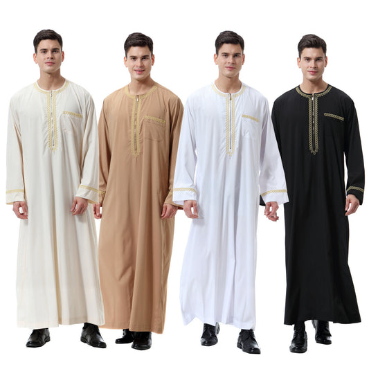 Robe à col rond et fermeture éclair imprimée pour hommes arabes musulmans du Moyen-Orient