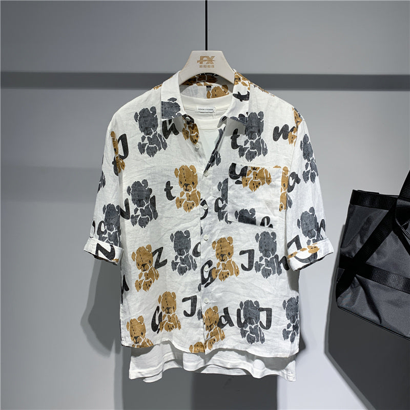 Camisa de manga corta de lino para hombre, solapa holgada, estampado de oso, camisa Retro japonesa en pulgadas para hombre