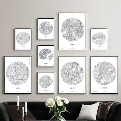 Milan Black And White City Map Rome Istanbul City Wall Art Canvas Painting Poster