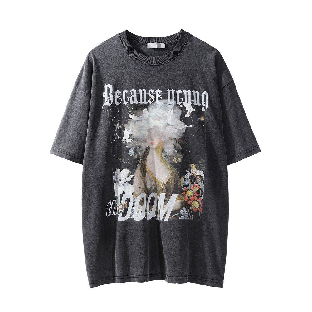 Men's Printed Loose Round Neck Washed Distressed T-shirt