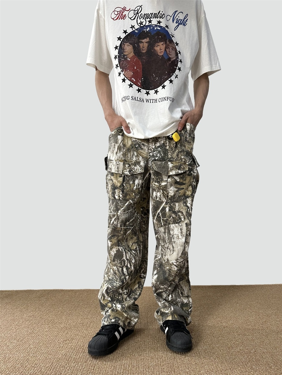 Loose Straight Tree Worn Looking Washed-out Camouflage Printed Overalls