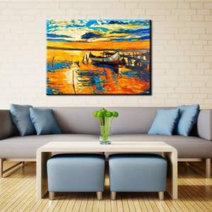 Yhhp Hand Painted Dock Boat Decoration Canvas Oil Painting- Orange  Blue