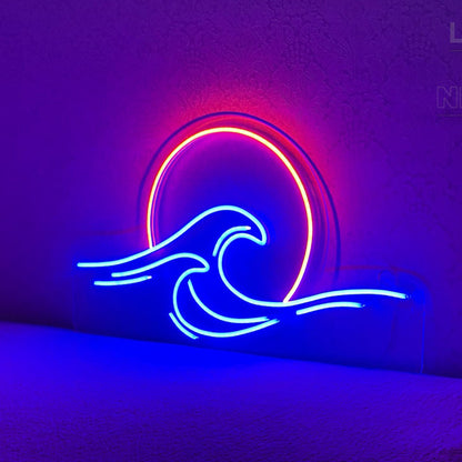 Mur de fond romantique en forme de lampe au néon LED du lever du soleil en mer