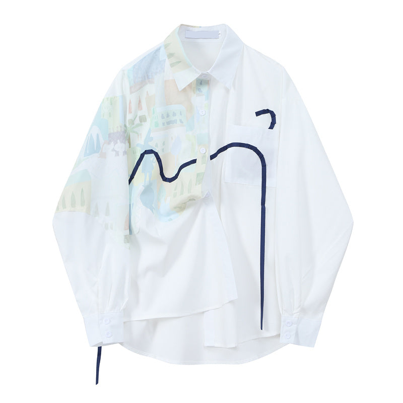 Irregular Streamer Design For Women With Printed Long-sleeved Shirt