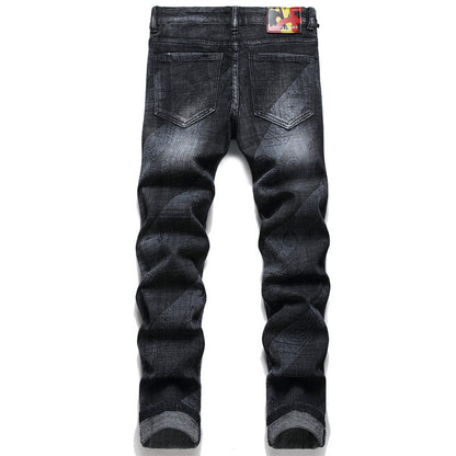 Jeans skinny punk pour hommes, taille moyenne, imprimé