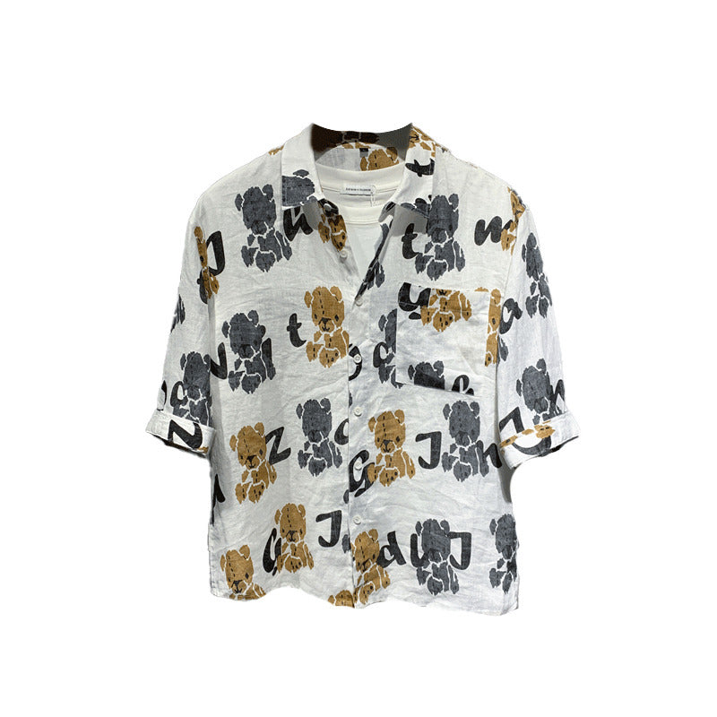 Camisa de manga corta de lino para hombre, solapa holgada, estampado de oso, camisa Retro japonesa en pulgadas para hombre