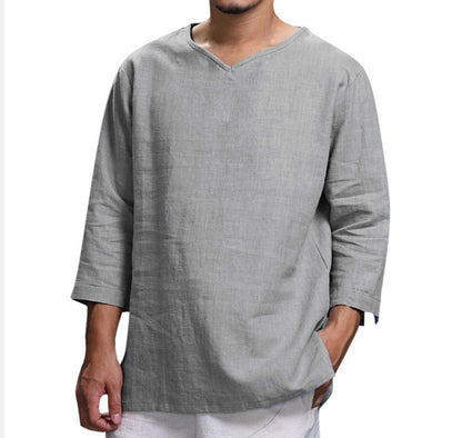 Camiseta holgada informal con cuello en V, jersey de manga larga de algodón y lino, ropa para hombre