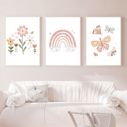 Soleil Nuage Arc-en-ciel Fleur Papillon Fruit Citation Art Mural Peinture sur Toile Affiche Scandinave