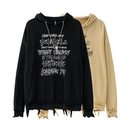 Ripped Hem With Chain Personality Letter Printed Hoodie