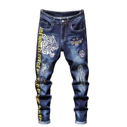 Men's Vintage Tiger Head Embroidered Printed Jeans