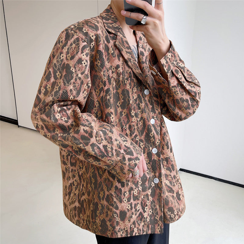 camisa de cuello de traje con estampado de leopardo de malla de encaje solapa de hombre