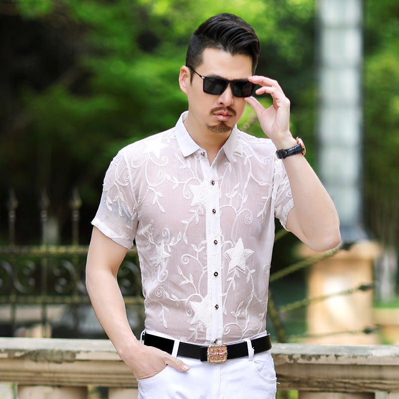 Summer New Style  Men's Shirts Slim Hollow Embroidered Non-iron Casual Shirts