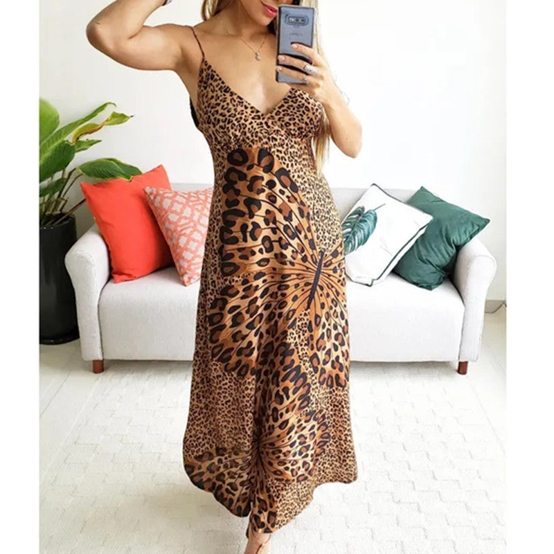 New Ladies Strap Leopard Print Butterfly Print Dress