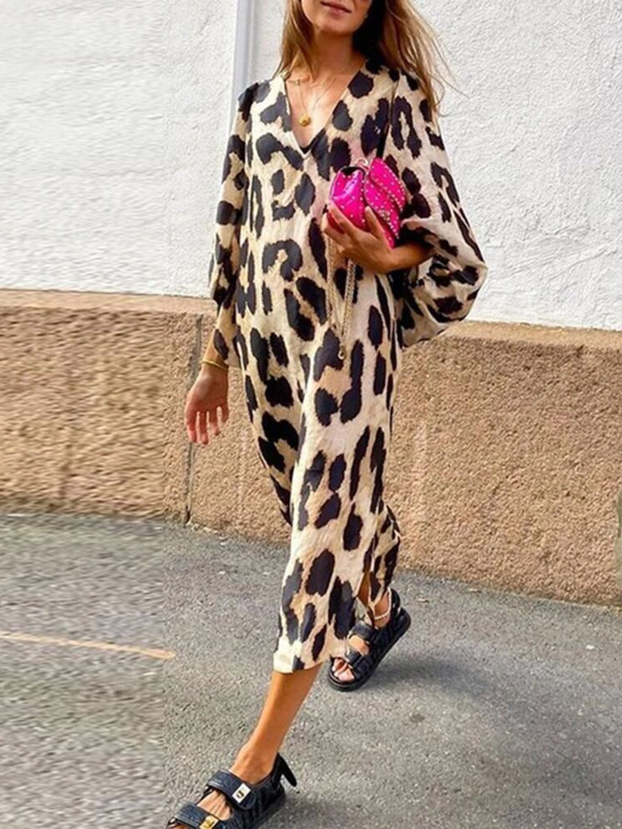 Vestido holgado con manga farol y estampado de leopardo