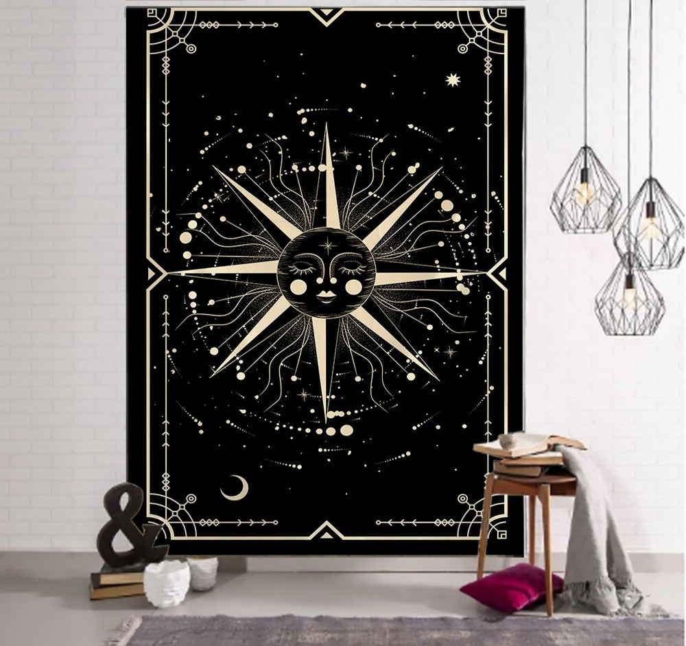 Tapiz de Tarot de brujería para colgar en la pared, color negro, caqui, sol, luna, estrella, universo, patrón geométrico, dormitorio, hogar