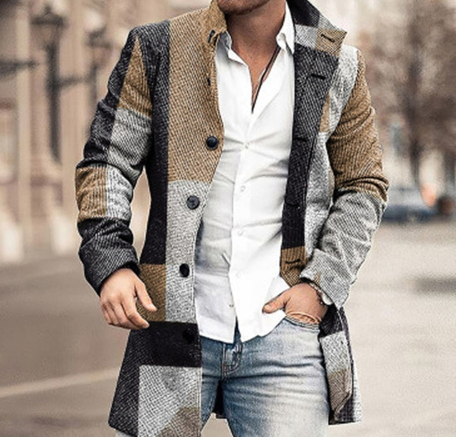 Woolen Printed Men's Coat Fashion Mid-length Trench Coat