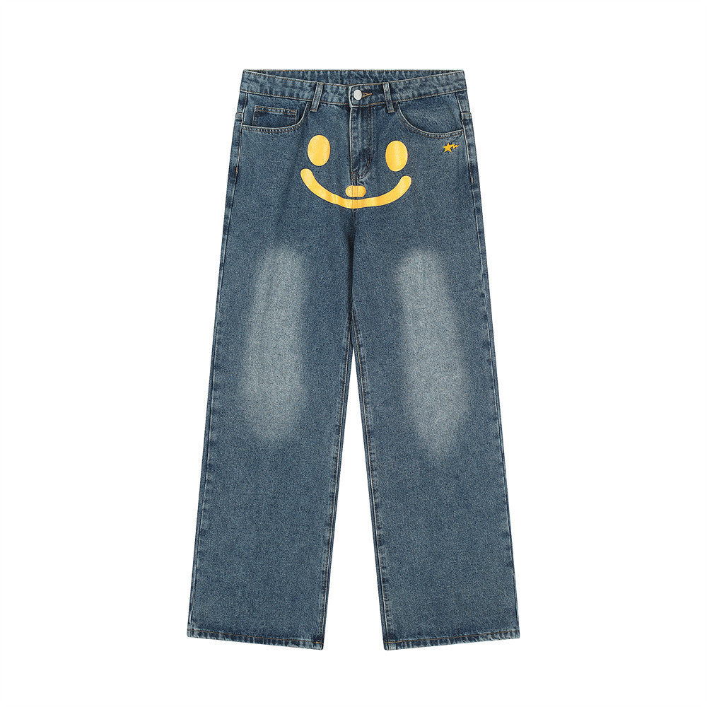 Printed Denim Straight-leg Trousers Men