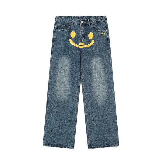 Printed Denim Straight-leg Trousers Men