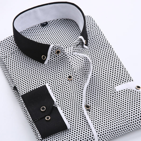 New Men's Slim Business Formal Wear Men's Interlining Printed Thin Casual Shirt