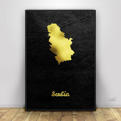 Póster moderno con pintura en lienzo con mapa dorado de Serbia