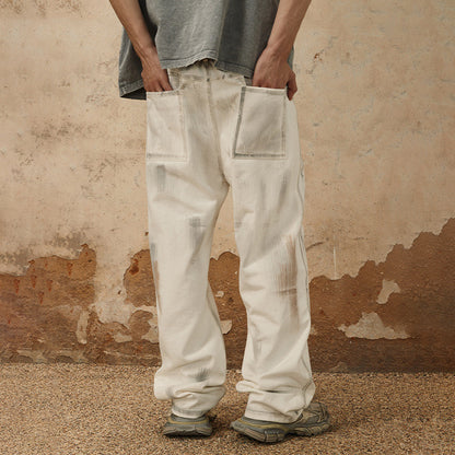 Spray Paint Printed High Street Straight Loose Casual Retro Trousers