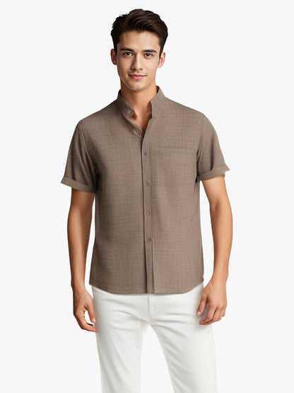 Camisa de solapa de manga corta de color sólido, transpirable, de algodón y lino, para verano, ropa para hombre