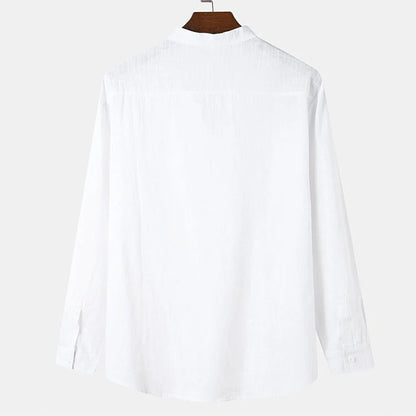 Chemise décontractée à manches longues pour hommes, col montant, porte baril, couleur unie