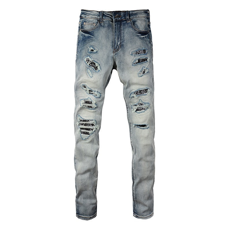 Light Color Printed Patch Elastic Slim Fitting Jeans For Men