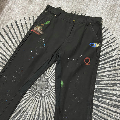 Pantalones de pie con ramo estampado de herramientas sueltas informales para mujer