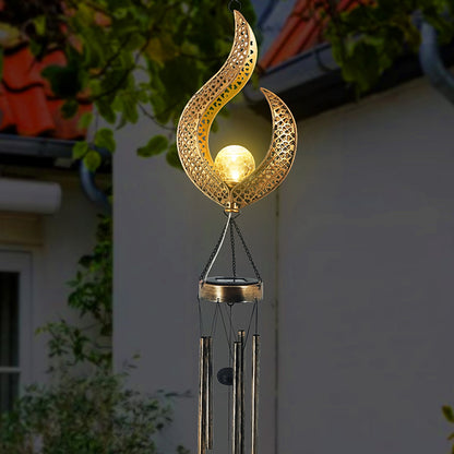 Lampe solaire à carillon éolien en fer forgé, flamme creuse d'extérieur, lampe soleil lune, Suspension de flamme de jardin