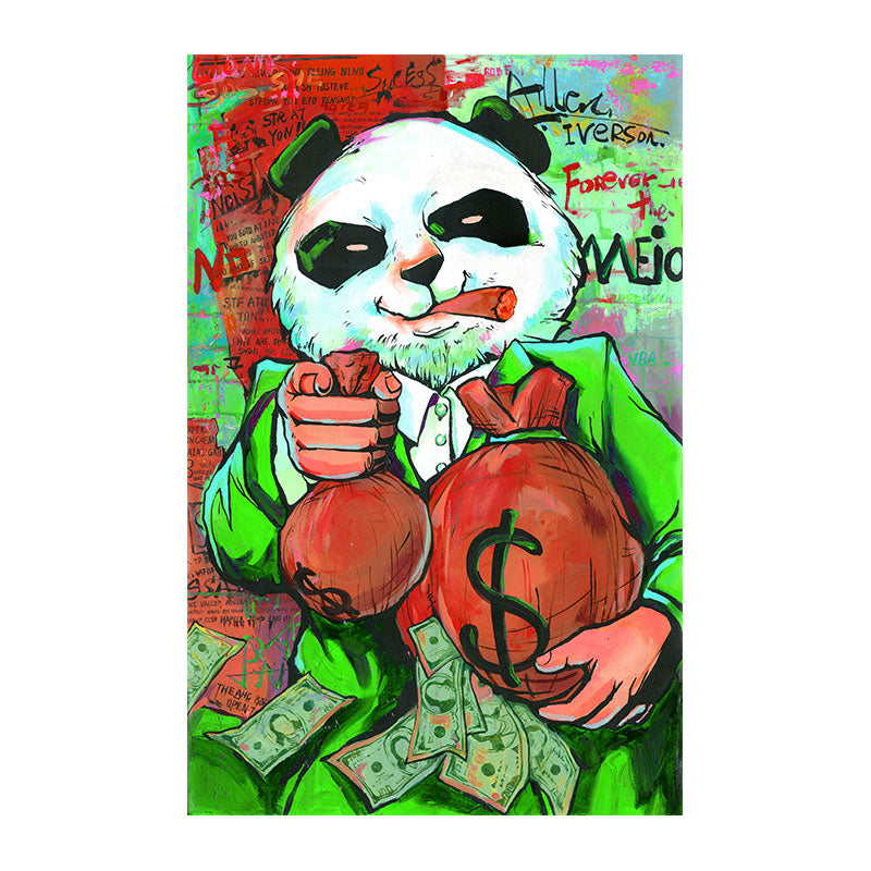 Cuadro divertido de Panda morado, bolsa de dinero, lienzo