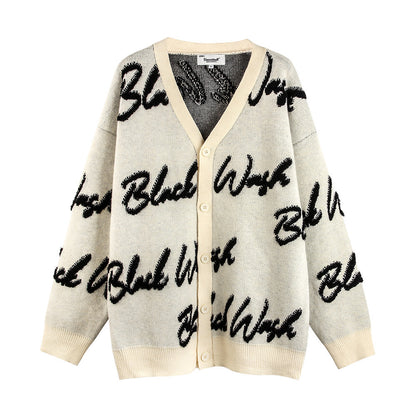 Over Printed Letters Flocking Embroidery V-neck Knitted Cardigan