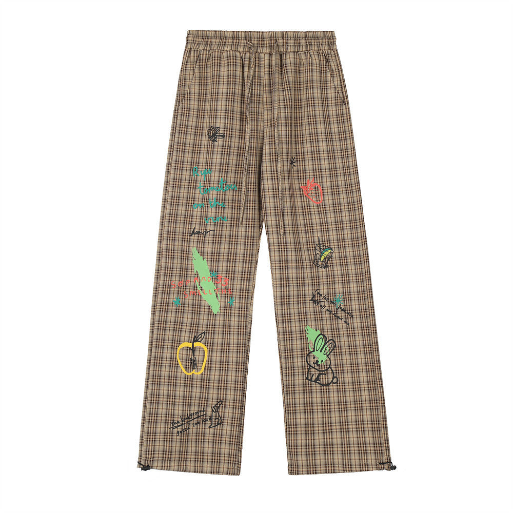 Printed Checks Men's Loose Street Elastic-waist Straight-leg Pants