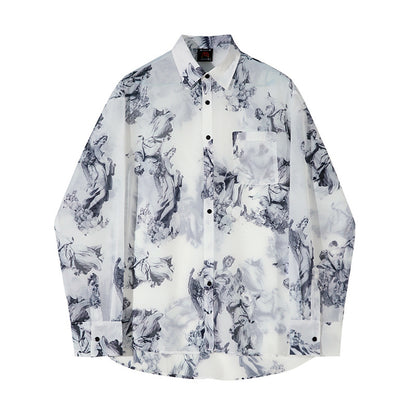 Camisa fina estampada de seda de hielo suelta para hombre