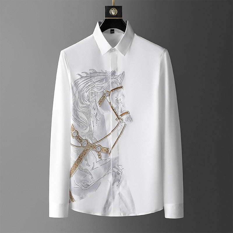 Men's Long Sleeve Printed Hot Rhinestone Slim Fit Non-iron Shirt