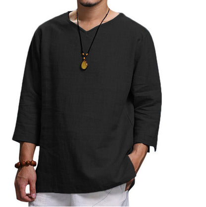 Camiseta holgada informal con cuello en V, jersey de manga larga de algodón y lino, ropa para hombre