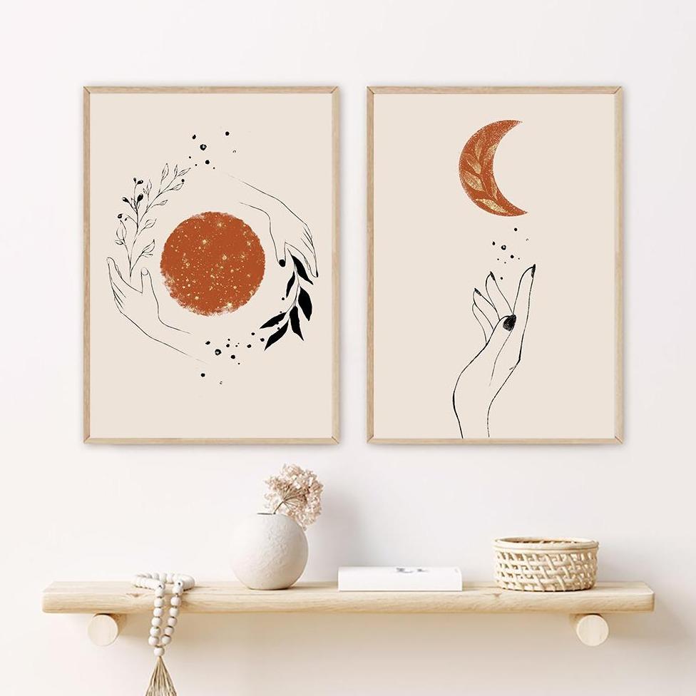 Arte abstracto nórdico moderno simple mano naranja sol y luna línea lámina de oro